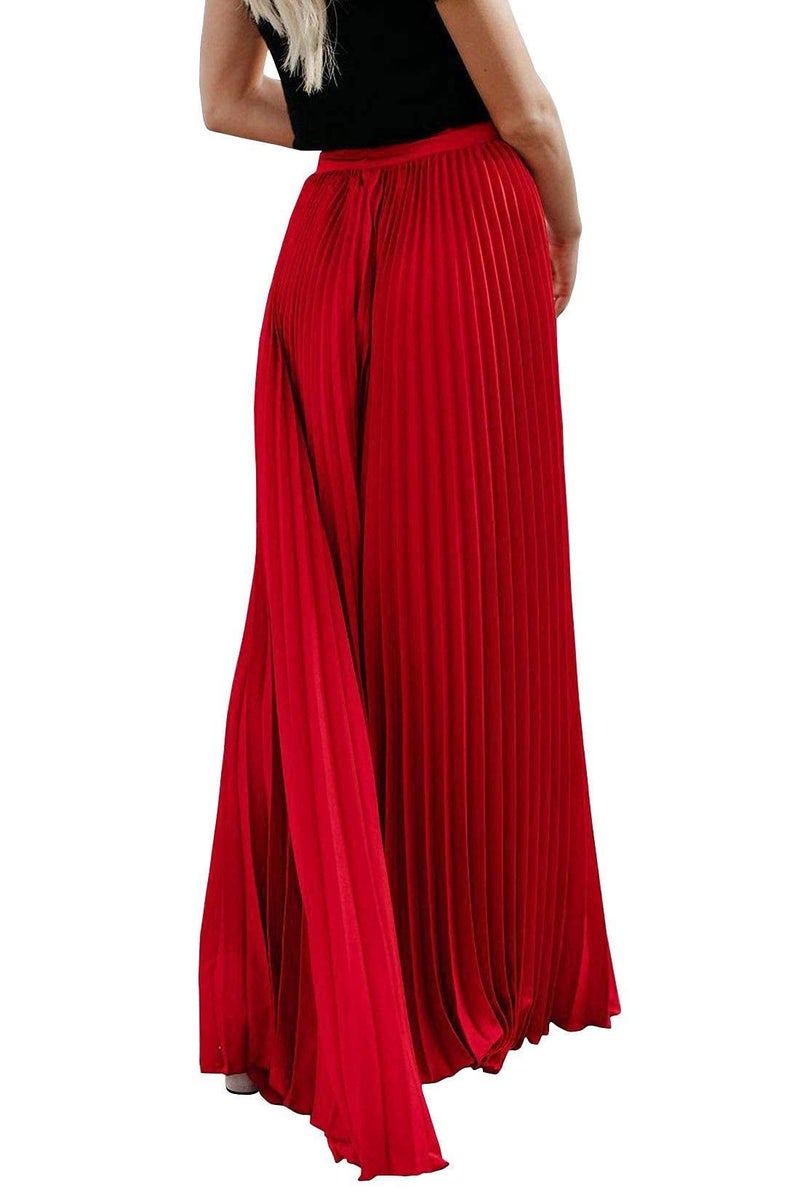 ebossy Women's High Waist Flowy Pleated Chiffon Maxi Skirt (Large, Red) - Image 2